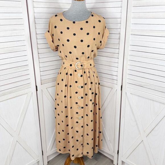 Mango Polka Dot Belted Fit Flare Midi Dress Tan Black Small 4 - Picture 2 of 13